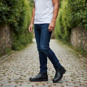 Patina Men's Black Leather Chelsea Boots Ankle Pull-On Lug Sole Work Shoes 10.5